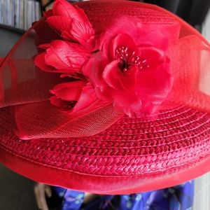 August Rich red wide brim ladies hat with silk flower